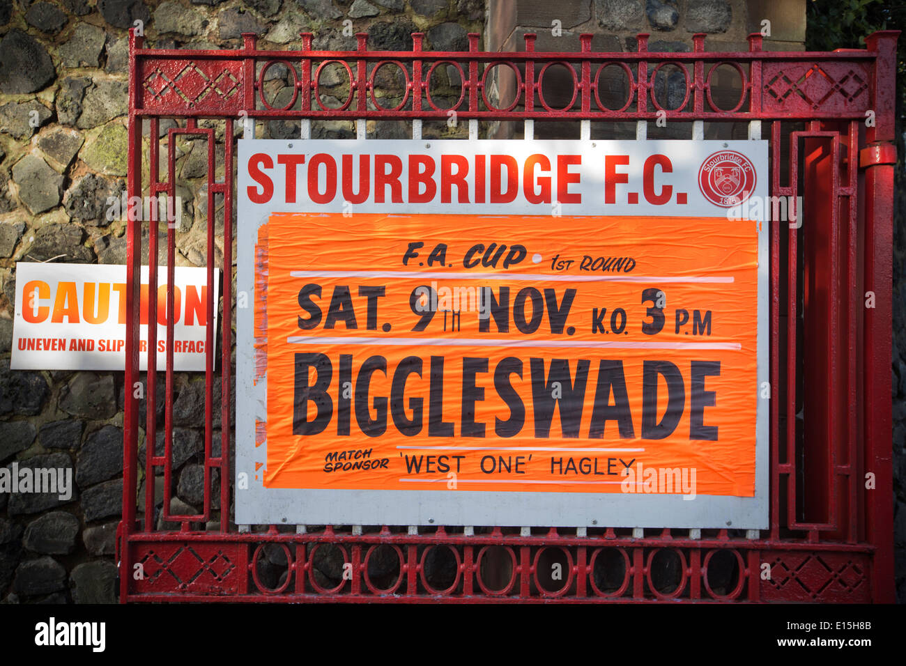 A sign for the FA Cup first round match Stourbridge against visitors Biggleswade Town at the War Memorial Athletic Ground. Stock Photo