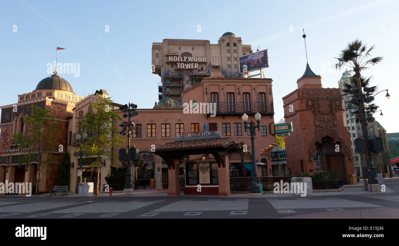 Evening view of The Hollywood Tower Hotel, the  venue for the Twilight Zone Tower of Terror Ride in the Disney Studios, Paris Stock Photo