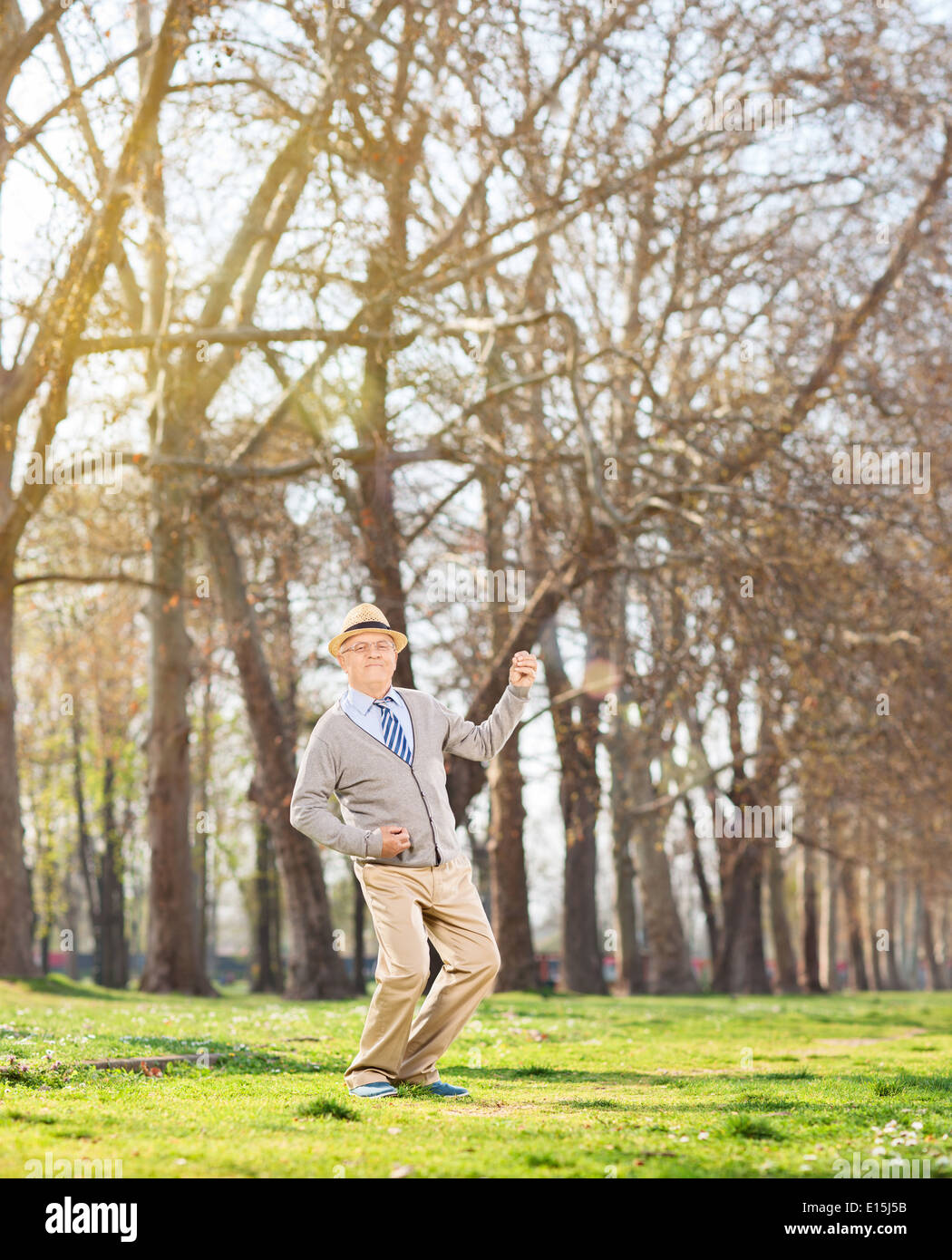 Senior man playing air guitar in the park Stock Photo