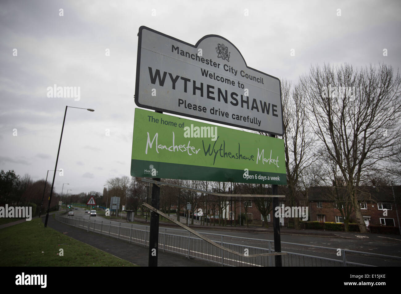 A sign welcoming visitors to Wythenshawe, a district to the south of Manchester. Stock Photo