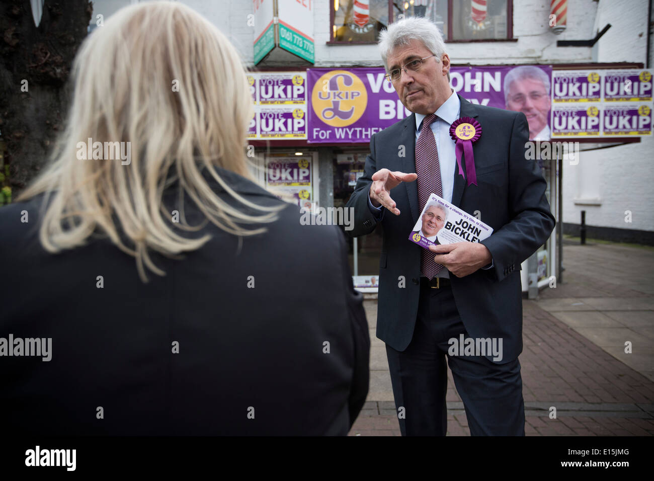 John Bickley, the UKIP candidate in the Wythenshawe and Sale East by-election, handing out leaflets in Sale, Cheshire. Stock Photo