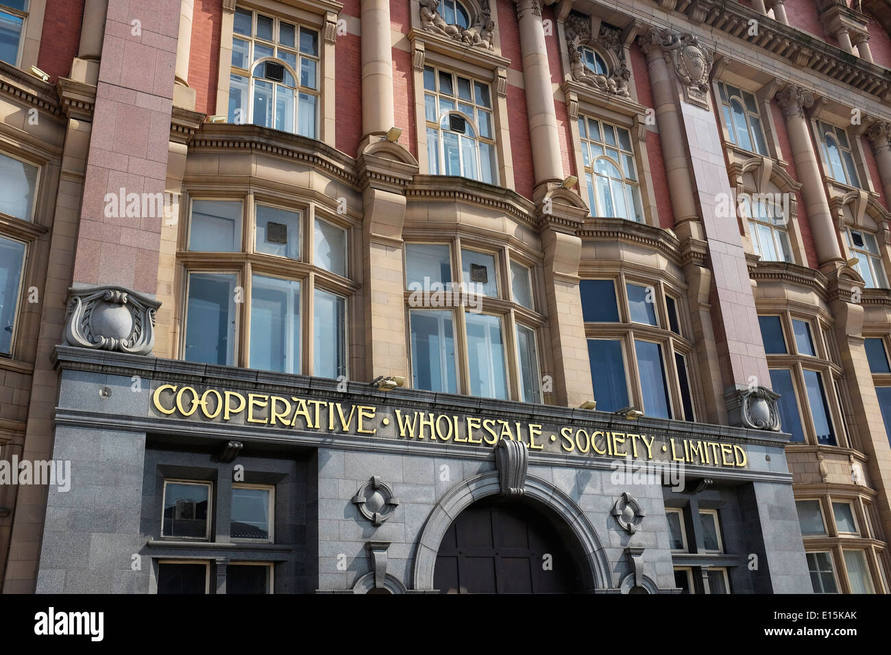 Old frontage to a Cooperative Wholesale Society Limited building in Manchester city centre UK Stock Photo