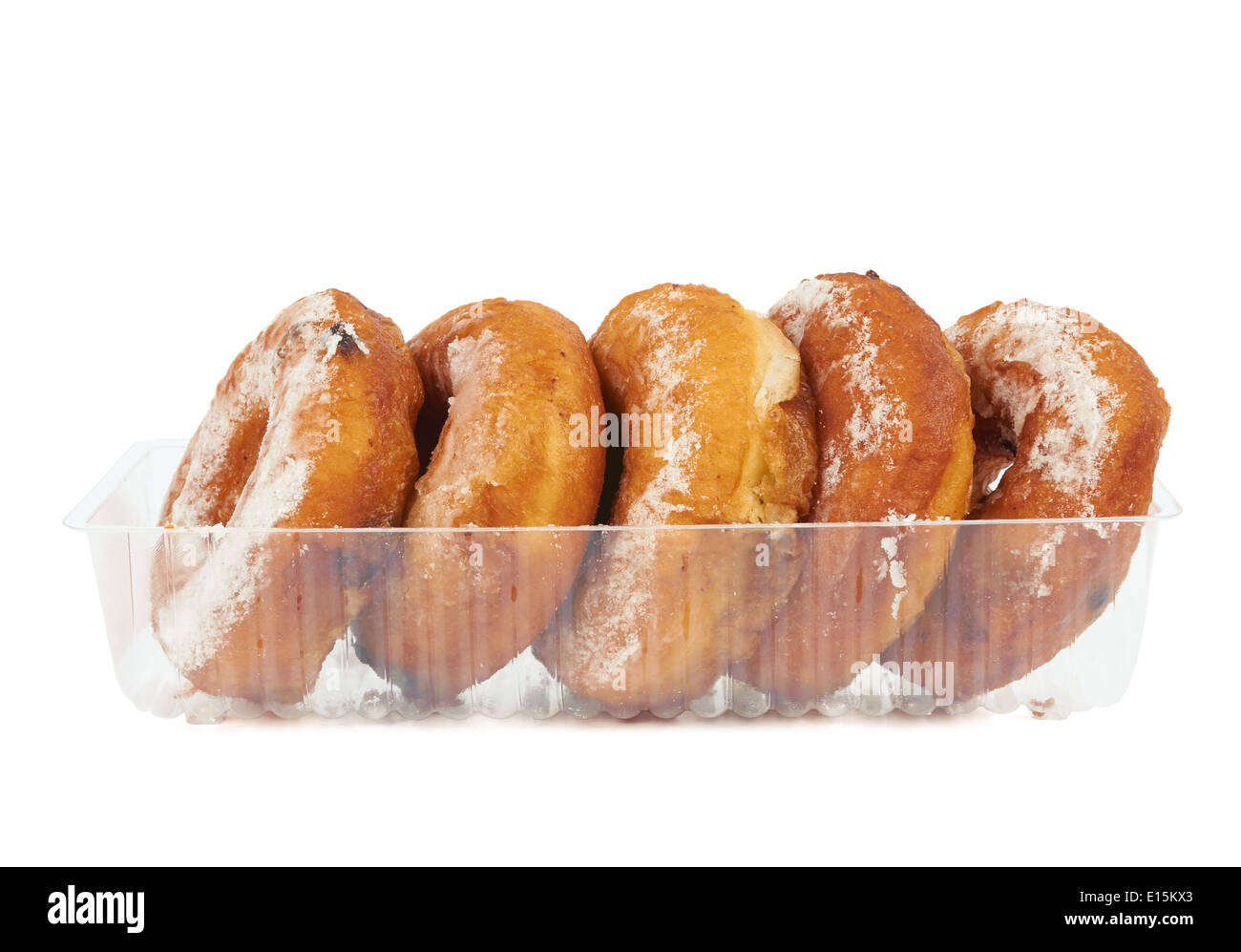 Donuts in the plastic case isolated on white background Stock Photo - Alamy