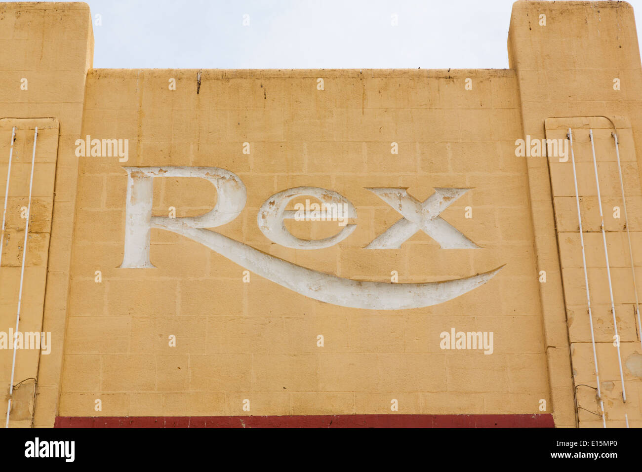 Old 'Rex' cinema facade, Larnaca, Cyprus. Stock Photo
