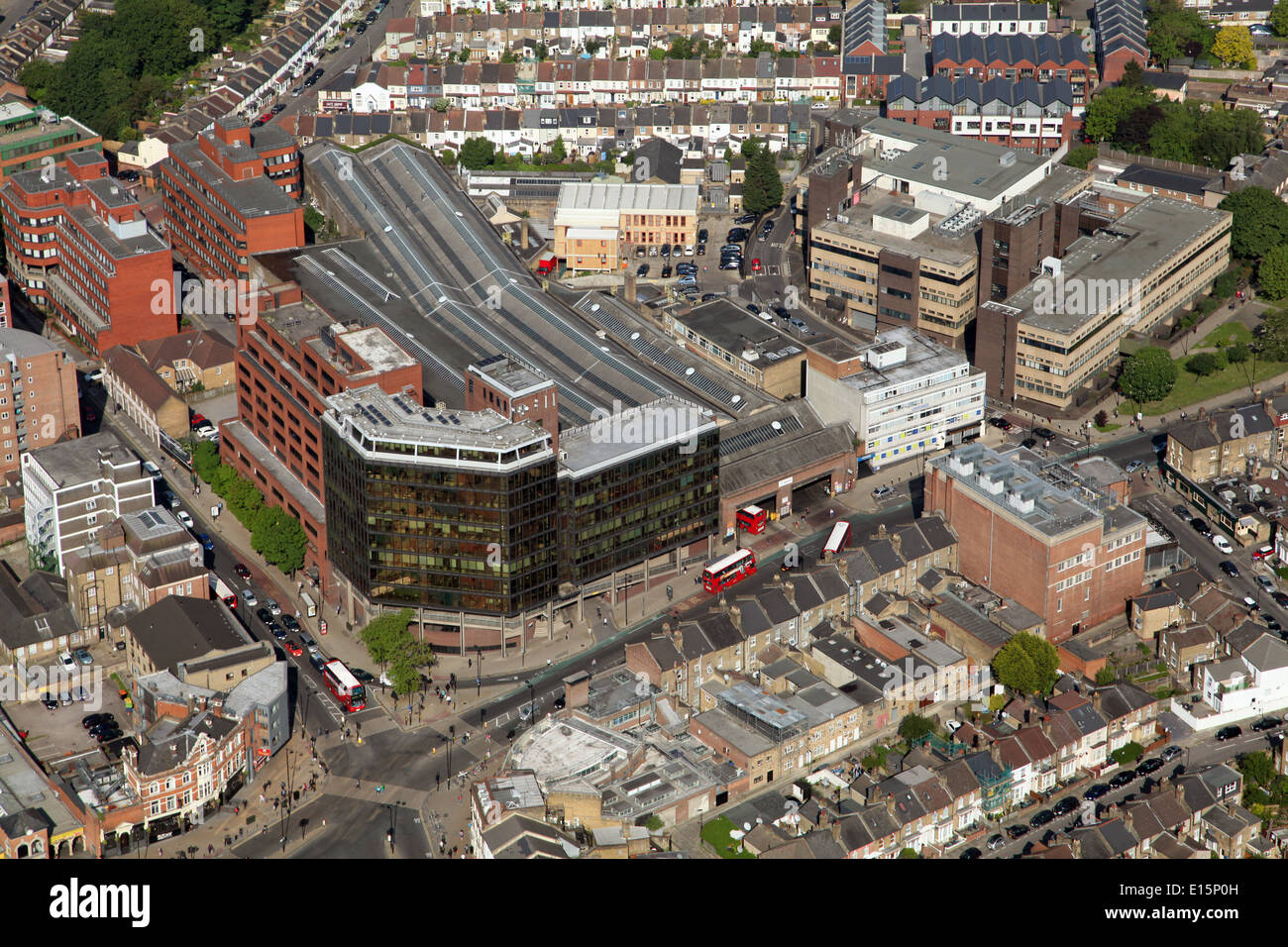aerial view of Wood Lane Bus Garage in North London, where London buses
