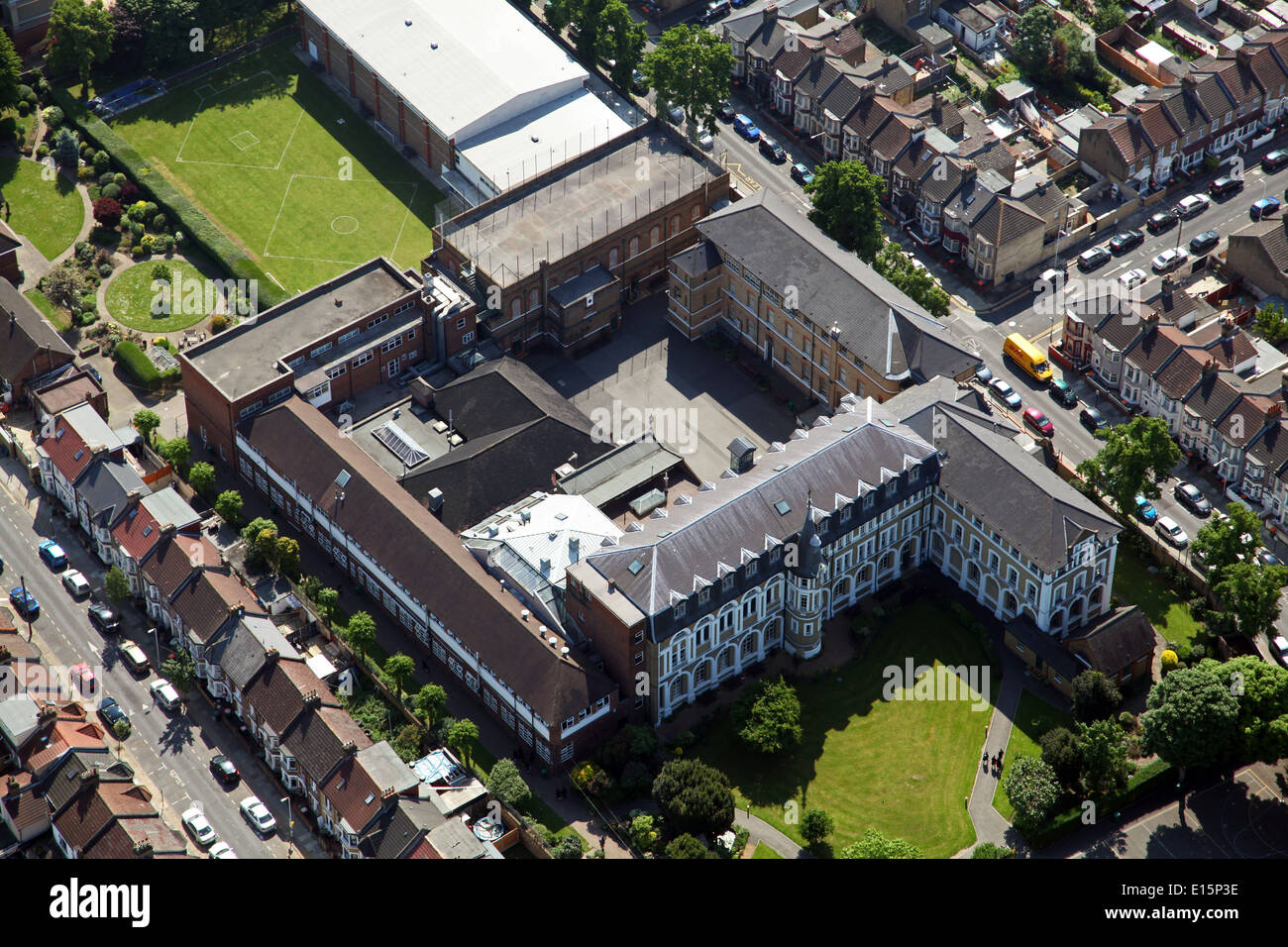 aerial view of St Angela's 6th form college in Forest Gate, East London Stock Photo