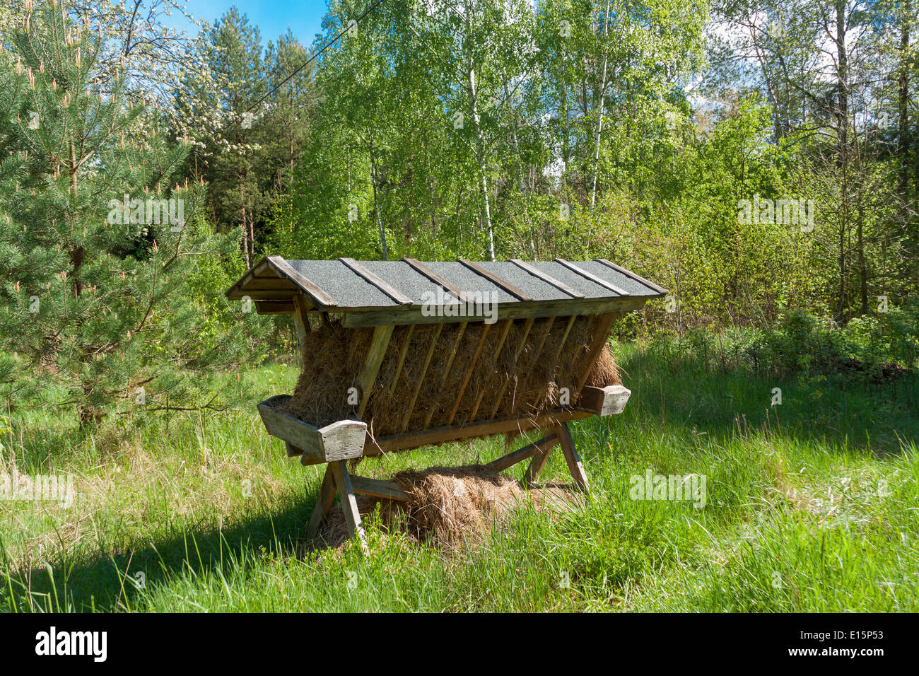 Hay rack for feeding forest animals Stock Photo Alamy