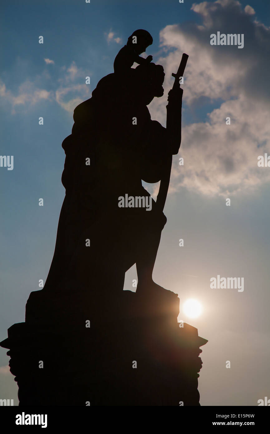 Prague - Silhouette of st. Christopher statue from Charles bridge Stock Photo