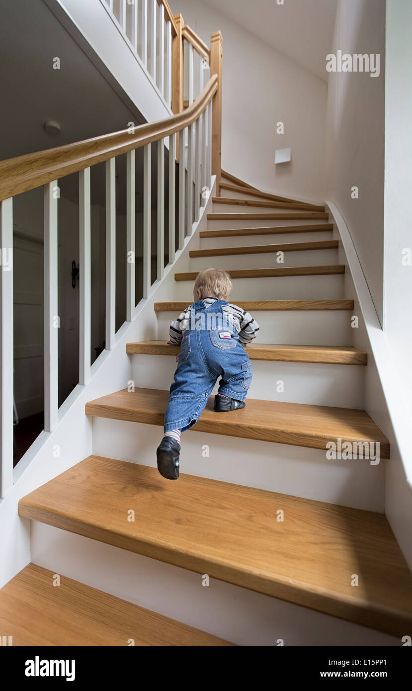 Boy, 1 year, climbing up the stairs Stock Photo