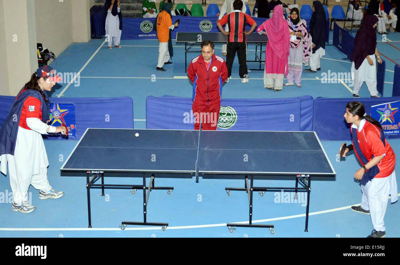 Students of Balochistan University of Information Technology, Engineering  and Management Sciences play table tennis during Sports Olympics held at  BUITEMS Sports Complex in Quetta on Friday, May 23, 2014 Stock Photo - Alamy