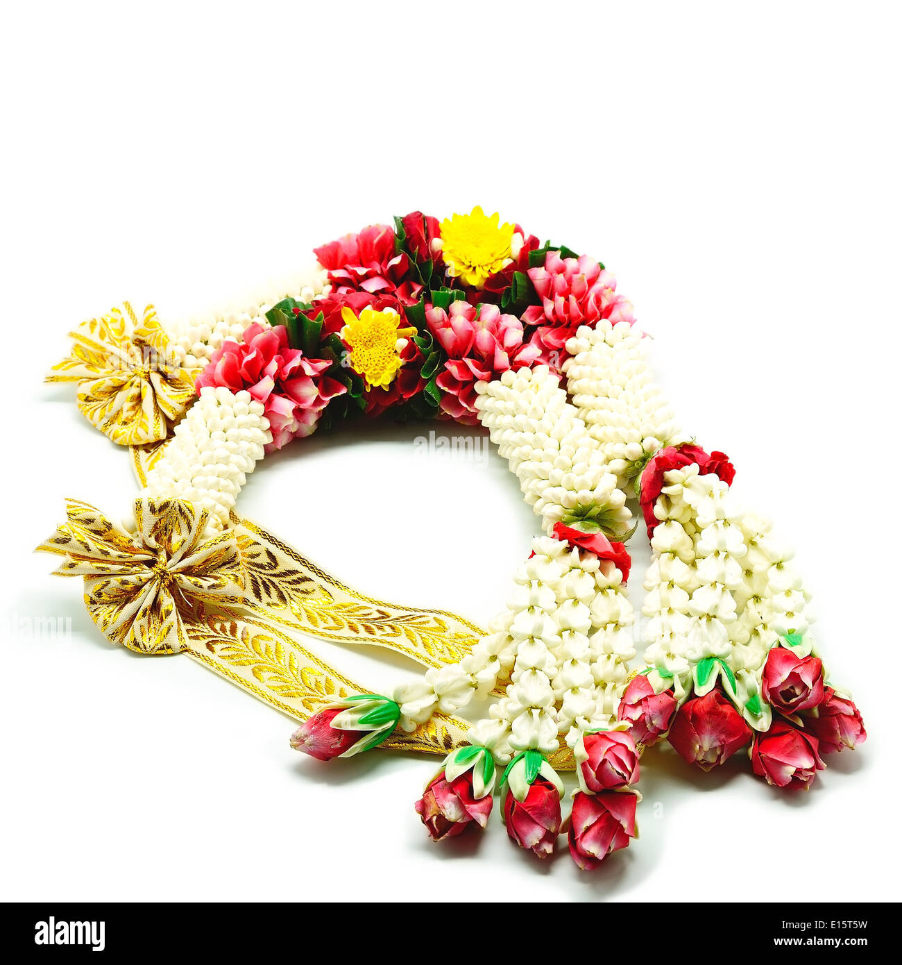 Garland flower in Thai style on a white background, used offering to buddha Stock Photo