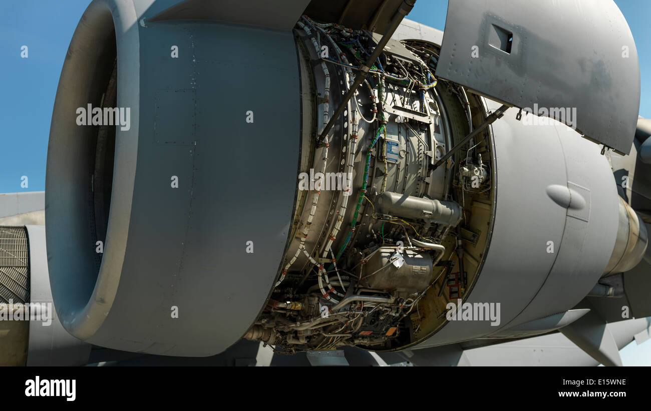Boeing C17 Globemaster III jet engine with open side panels Stock