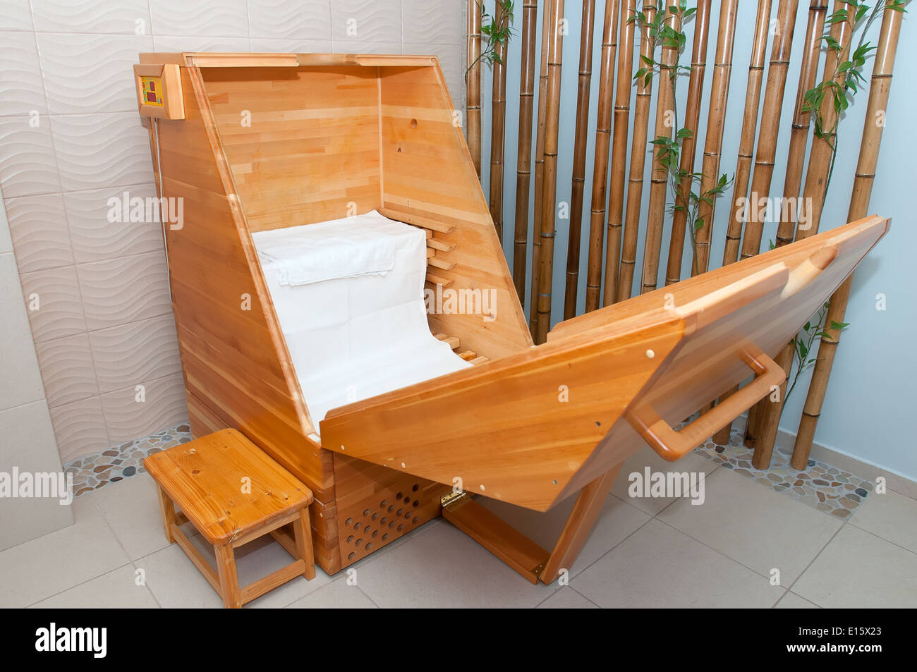 Mini-sauna 'Cedar barrel' for the procedure of the sauna in pairs cedar wood Stock Photo