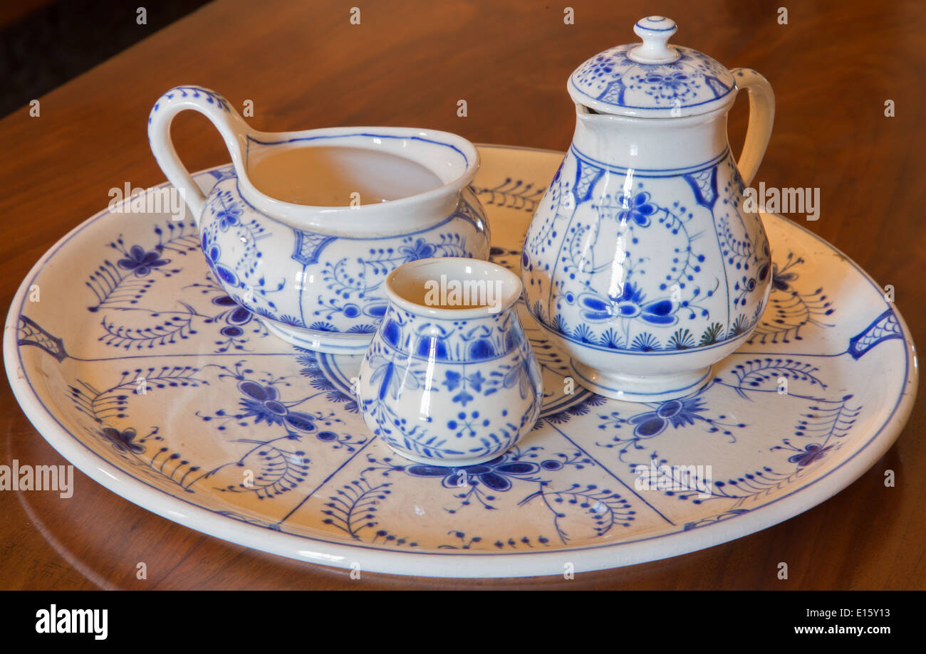 SAINT ANTON, SLOVAKIA - FEBRUARY 26, 2014: Tea service porcelain from 19. cent. in palace Saint Anton. Stock Photo