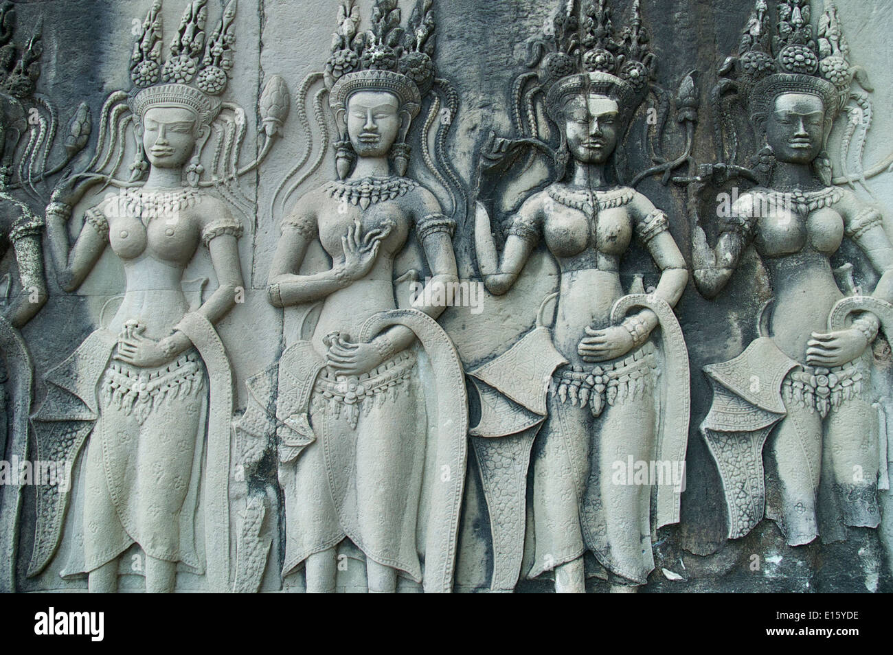 Detail from wall carving of dancing girls, Angkor Wat, Cambodia 