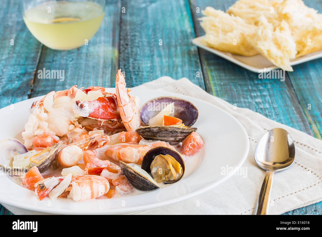 Seafood stew made with lobster, crab, shrimp and clams cooked in