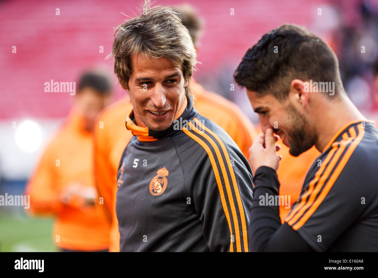 Lisbon, Portugal. 23rd May, 2014. Real Madrid defender Fábio Coentrão (5), center, during the Real Madrid open training session at Luz Stadium in Lisbon, Portugal. Real Madrid and Atlético de Madrid disputes the UEFA Champions League final on Saturday, May 24, 2014. Credit:  Leonardo Mota/Alamy Live News Stock Photo