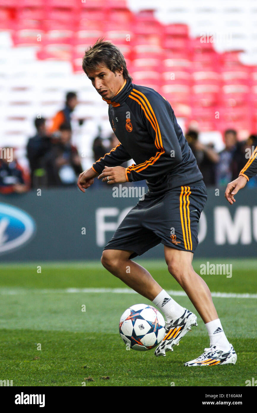 Lisbon, Portugal. 23rd May, 2014. Real Madrid defender Fábio Coentrão (5), during the Real Madrid open training session at Luz Stadium in Lisbon, Portugal. Real Madrid and Atlético de Madrid disputes the UEFA Champions League final on Saturday, May 24, 2014. Credit:  Leonardo Mota/Alamy Live News Stock Photo