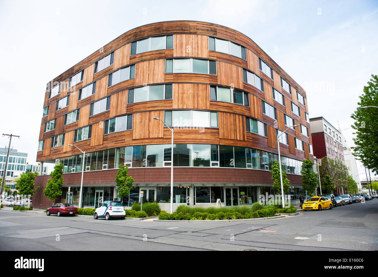 A modern, mixedused building seen in the Denny Triangle neighborhood