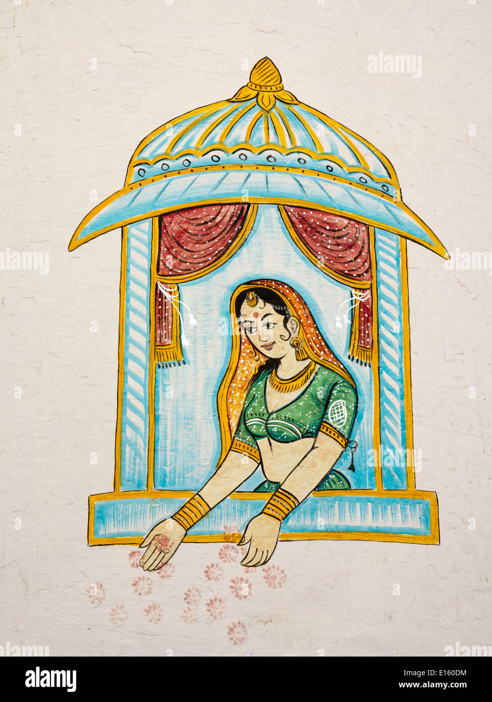 India, Rajasthan, Udaipur, traditional wall painting of Rajput woman, in Mughal style window Stock Photo