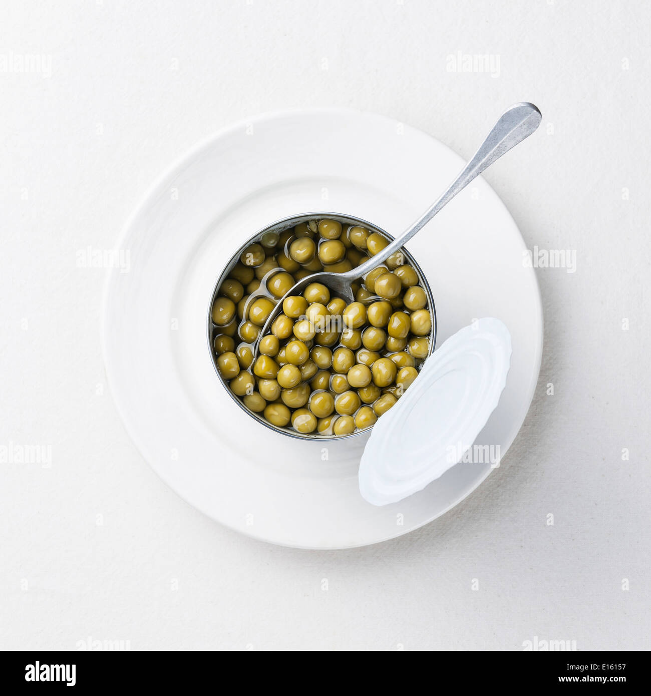 Canned green peas in tin can Stock Photo