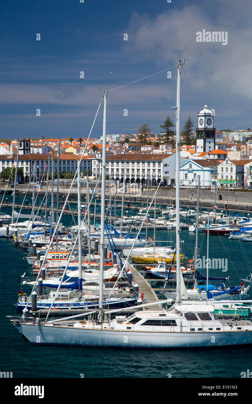 Boats lined up in the harbor of Ponta Delgada on the island of Sao Miguel, Azores, Portugal Stock Photo