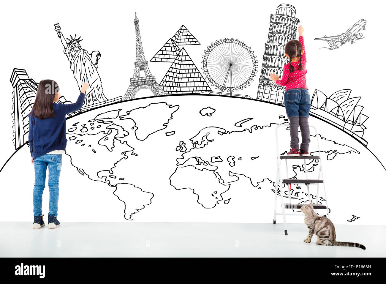 two girl kids drawing global map and famous landmark Stock Photo