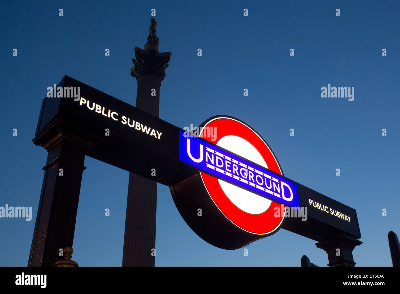 Trafalgar Square Tube subway Underground station sign roundel with Nelson's Column above London England UK Stock Photo