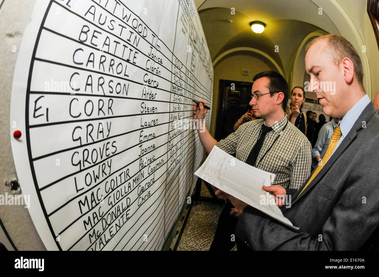 Belfast, Northern Ireland. 23 May 2014 - An election agent writes the results on a large board during the Local Council Elections in Northern Ireland Credit:  Stephen Barnes/Alamy Live News Stock Photo