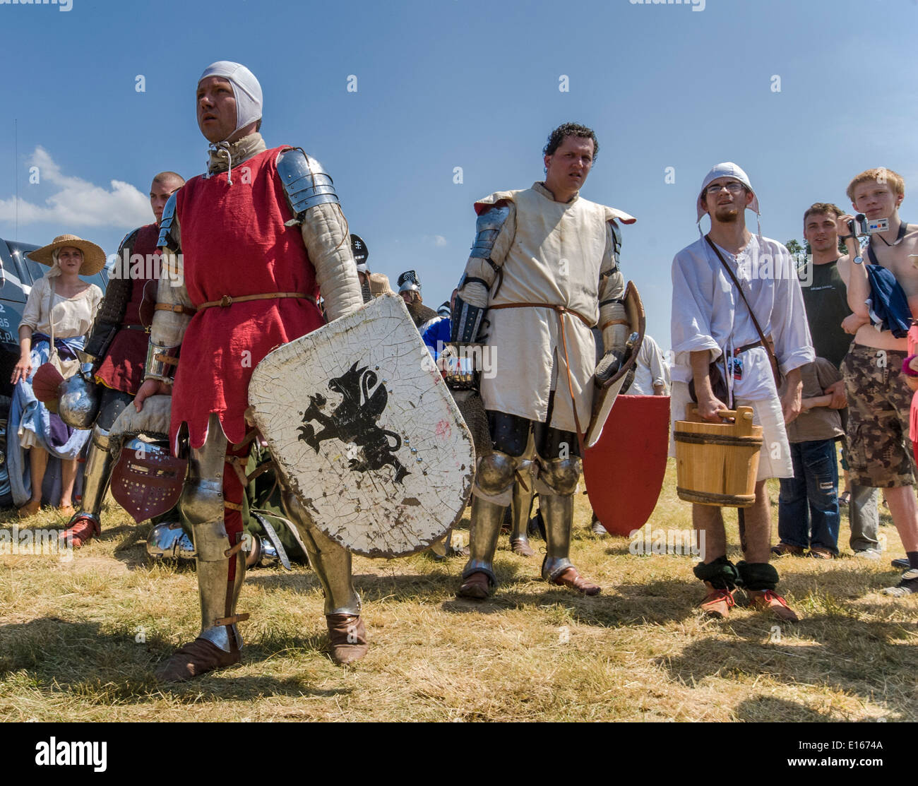Reenactors preparing to recreate Battle of Grunwald of 1410, near village of Grunwald, Poland Stock Photo