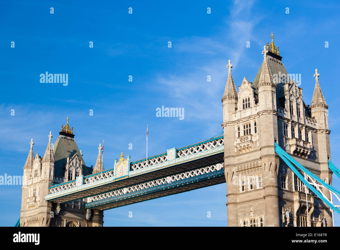 Detail shot of the Tower Bridge in London with blue sky. Stock Photo