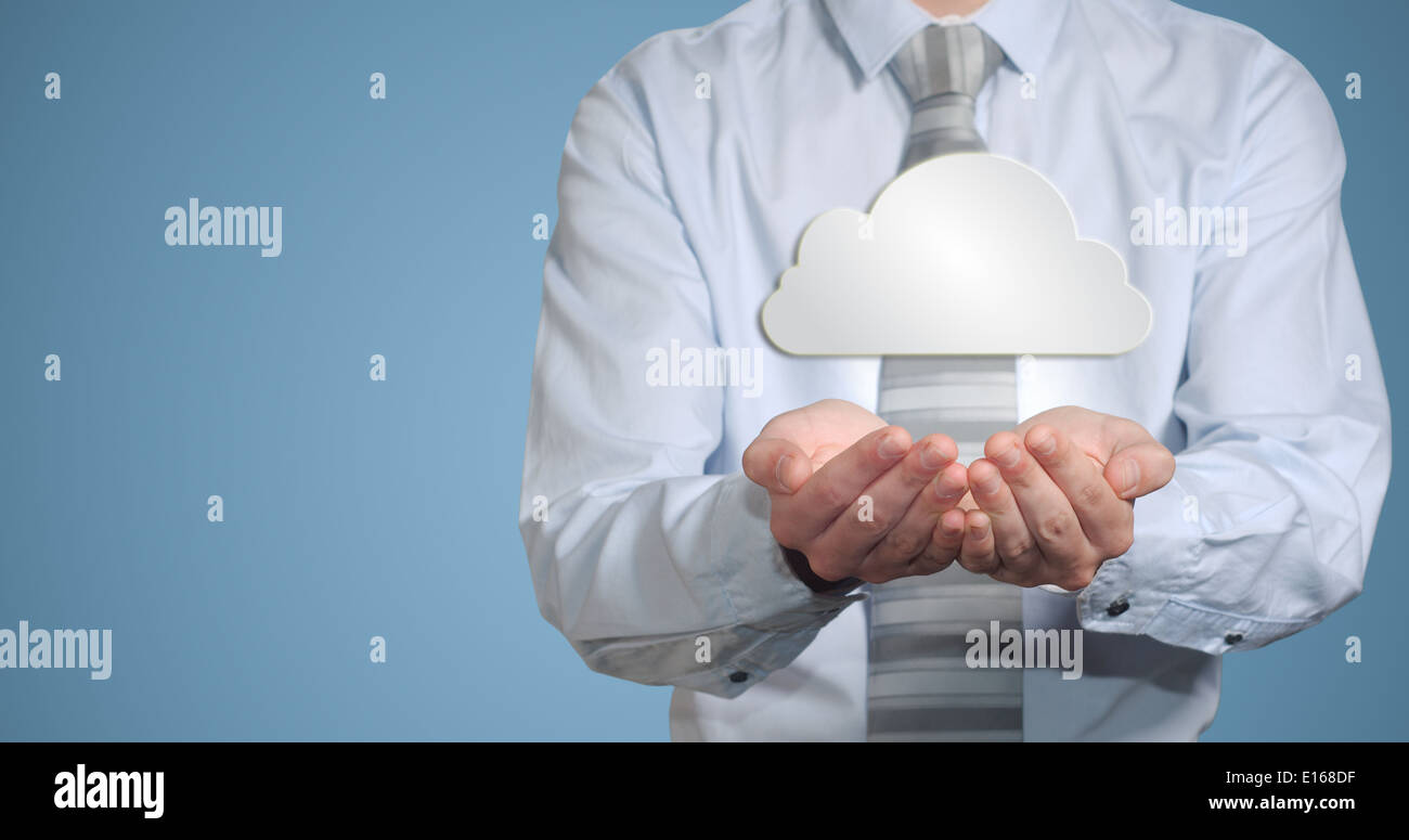 Businessman holding cloud computer network technology in hands Stock Photo