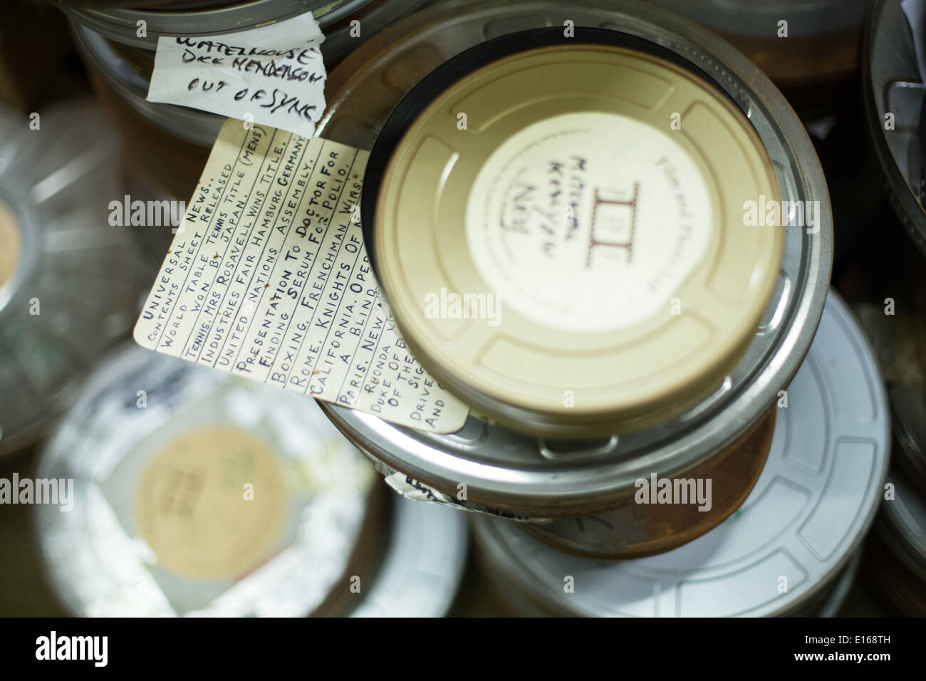 stack of film reels with hand written notes Stock Photo