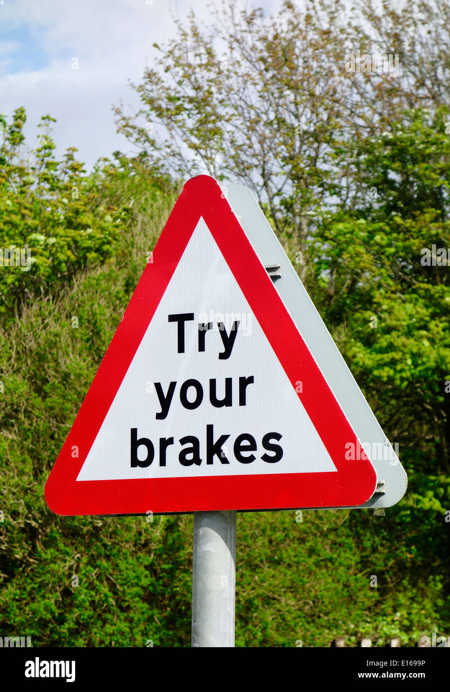 Red Warning Triangular Try Your Brakes Road Sign, UK Stock Photo Alamy