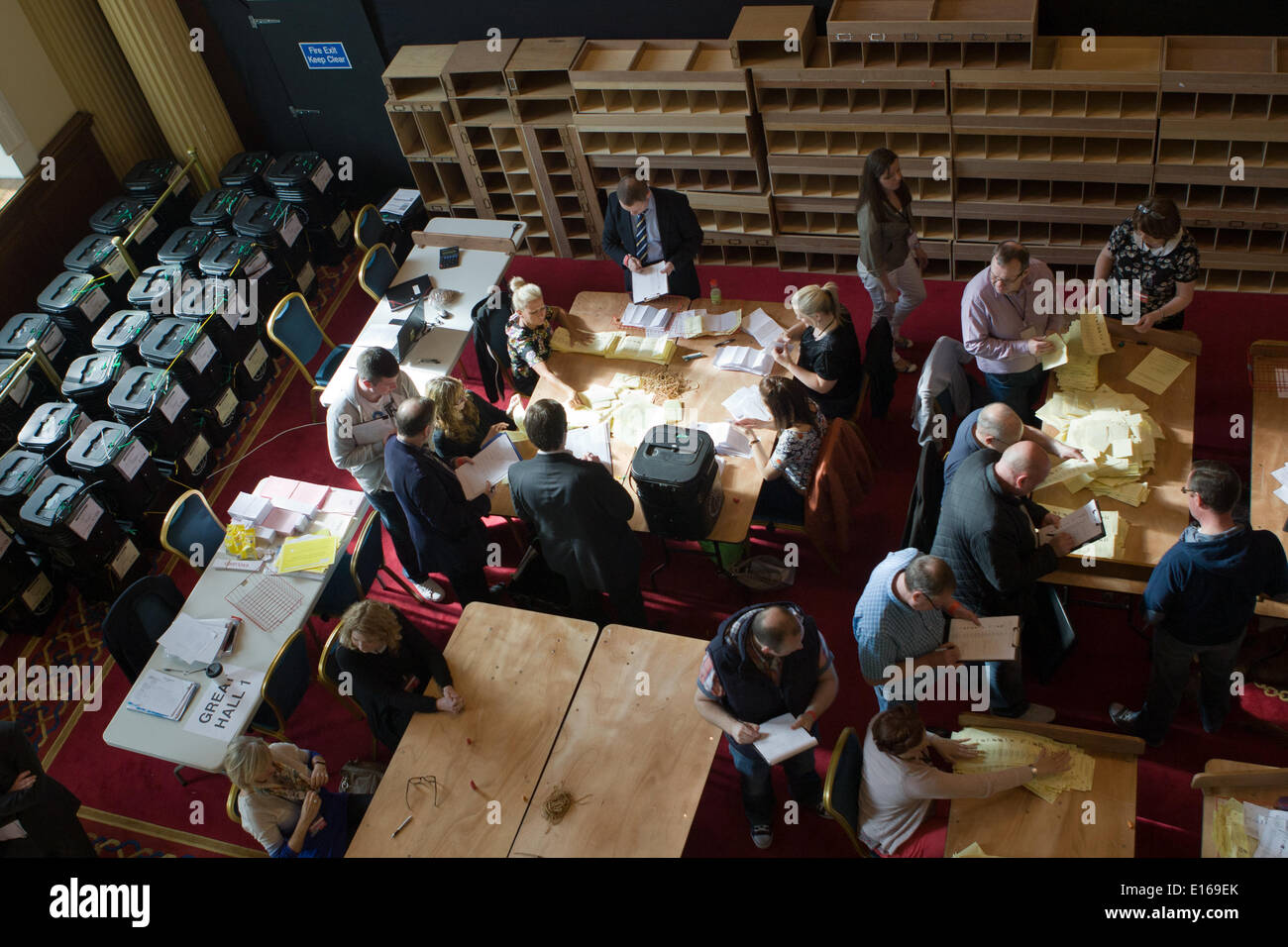 Belfast,UK 23rd may 2014. View from above of Staff counting Belfast Local Election Results Credit:  Bonzo/Alamy Live News Stock Photo