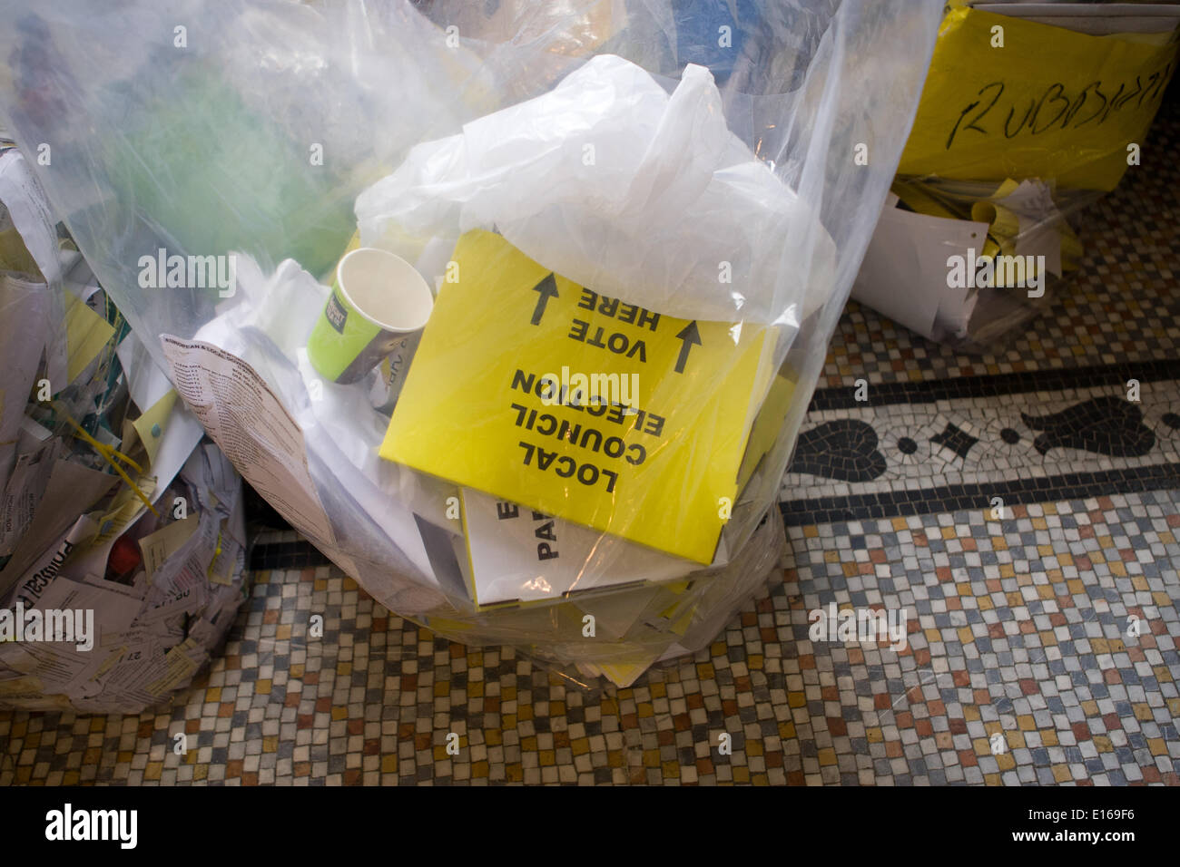 Belfast,UK 23rd May 2014. Election sign in Clear Plastic Rubbish bag Credit:  Bonzo/Alamy Live News Stock Photo