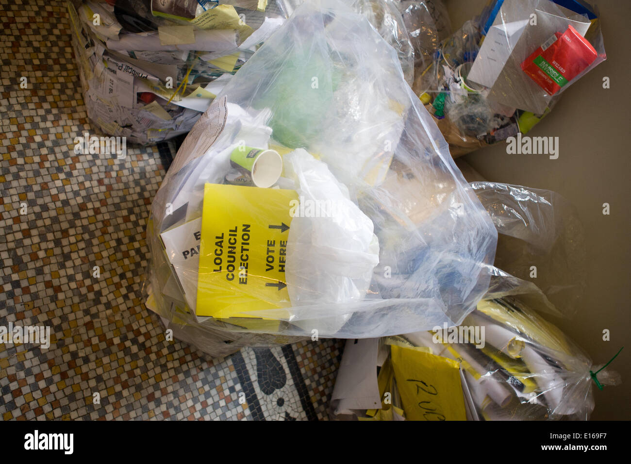 Belfast,UK 23rd May 2014. Election sign in Clear plastic rubbish bag Credit:  Bonzo/Alamy Live News Stock Photo