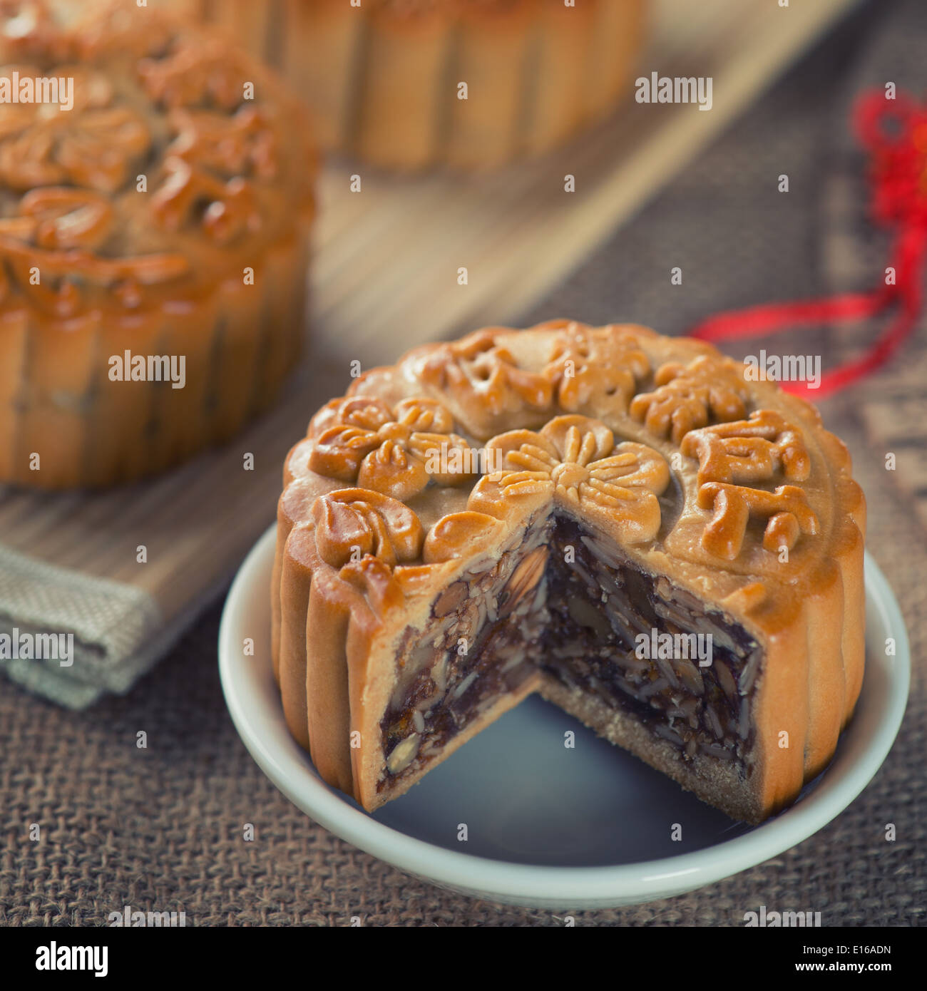 Retro vintage style Chinese mid autumn festival foods. The Chinese ...