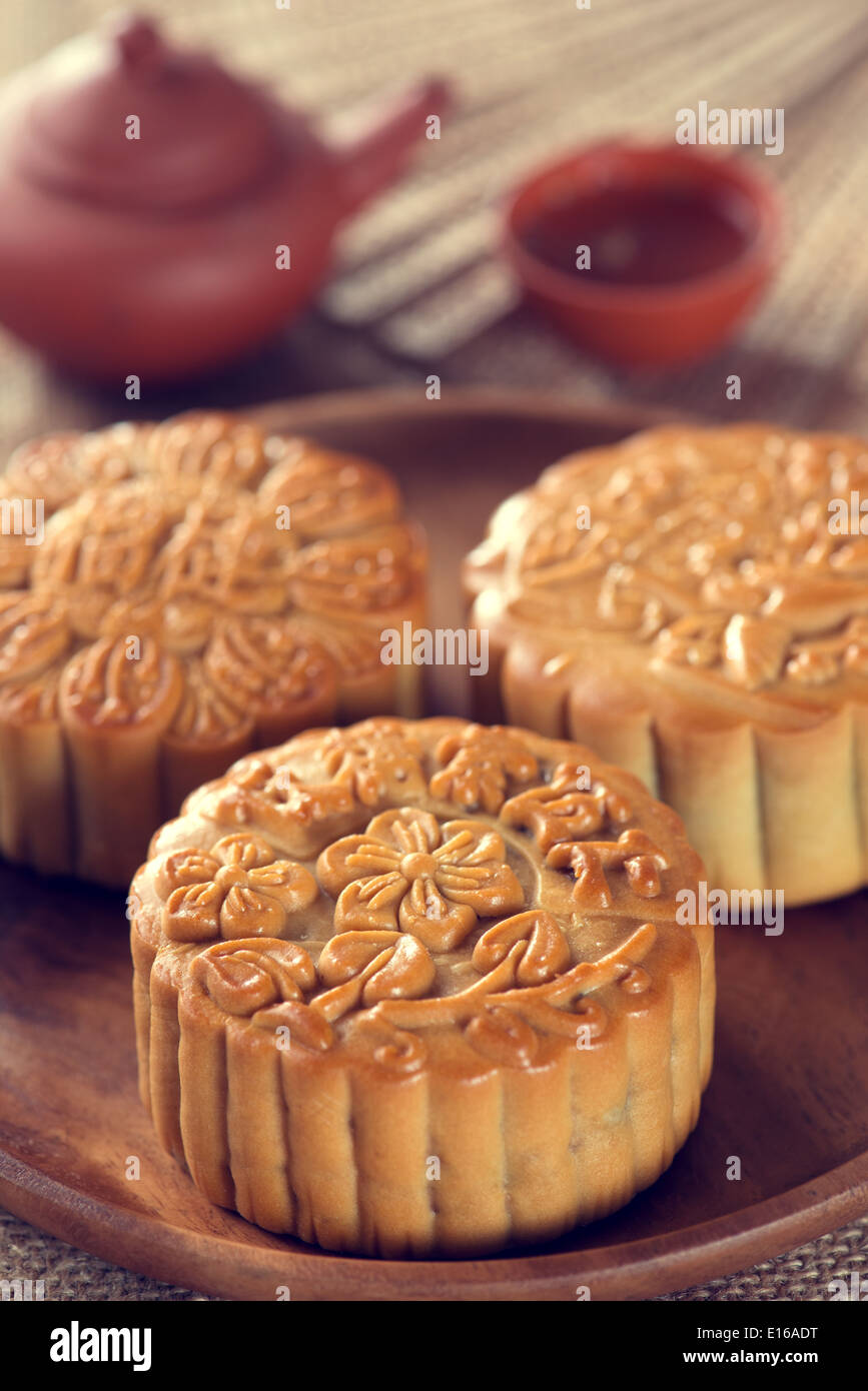 Retro vintage style Chinese mid autumn festival foods. The Chinese ...