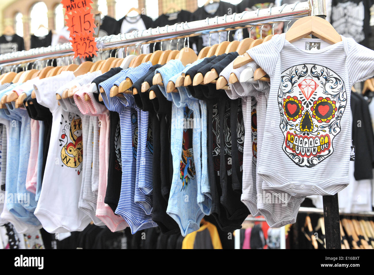Alexandra Palace, London, UK. 24th May 2014. Childrens clothes on sale at a stall of curiosities. The show features tattooing,  stall selling clothing and accessories, wrestling and a fashion show Credit:  Matthew Chattle/Alamy Live News Stock Photo