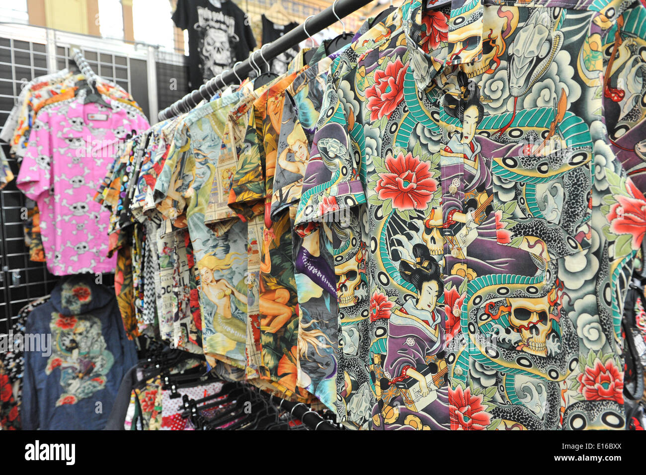 Alexandra Palace, London, UK. 24th May 2014. Hawaiian shirts with a retro 50s style on sale at a stall. The show features tattooing,  stall selling clothing and accessories, wrestling and a fashion show Credit:  Matthew Chattle/Alamy Live News Stock Photo