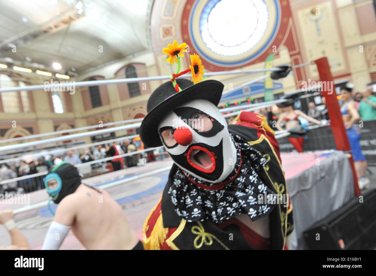 Alexandra Palace, London, UK. 24th May 2014. A team of wrestlers prepare to perform at the Tattoo Show. The show features tattooing,  stall selling clothing and accessories, wrestling and a fashion show Credit:  Matthew Chattle/Alamy Live News Stock Photo