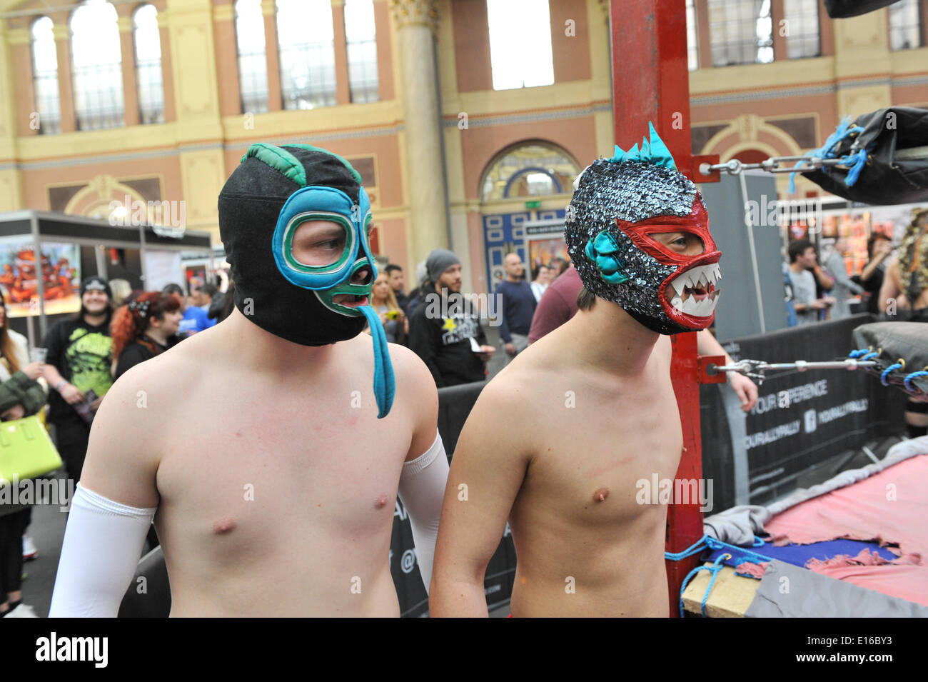 Alexandra Palace, London, UK. 24th May 2014. A team of wrestlers prepare to perform at the Tattoo Show. The show features tattooing,  stall selling clothing and accessories, wrestling and a fashion show Credit:  Matthew Chattle/Alamy Live News Stock Photo