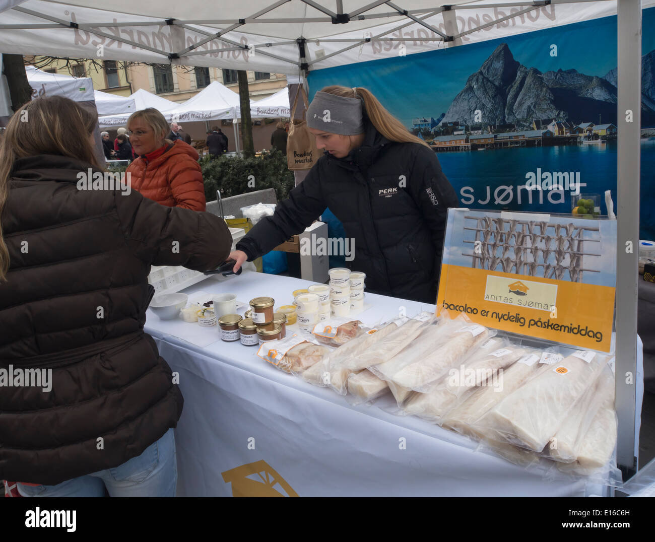 Stall at farmers market in Majorstua Oslo Norway, salted dried cod and