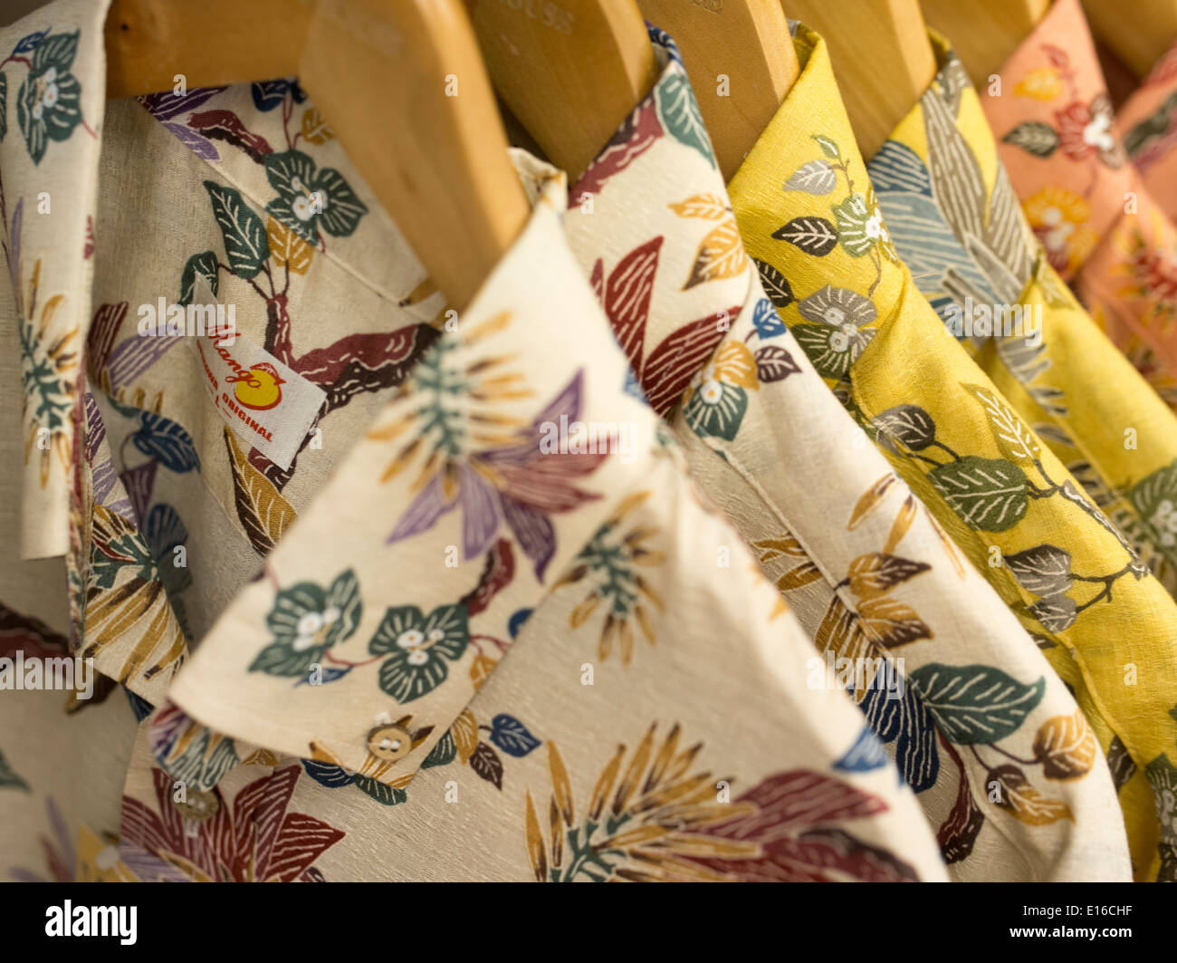 Kariyushi shirts at 'Mango' kariyushi shirt store, Kokusai Street, Naha, Okinawa Stock Photo