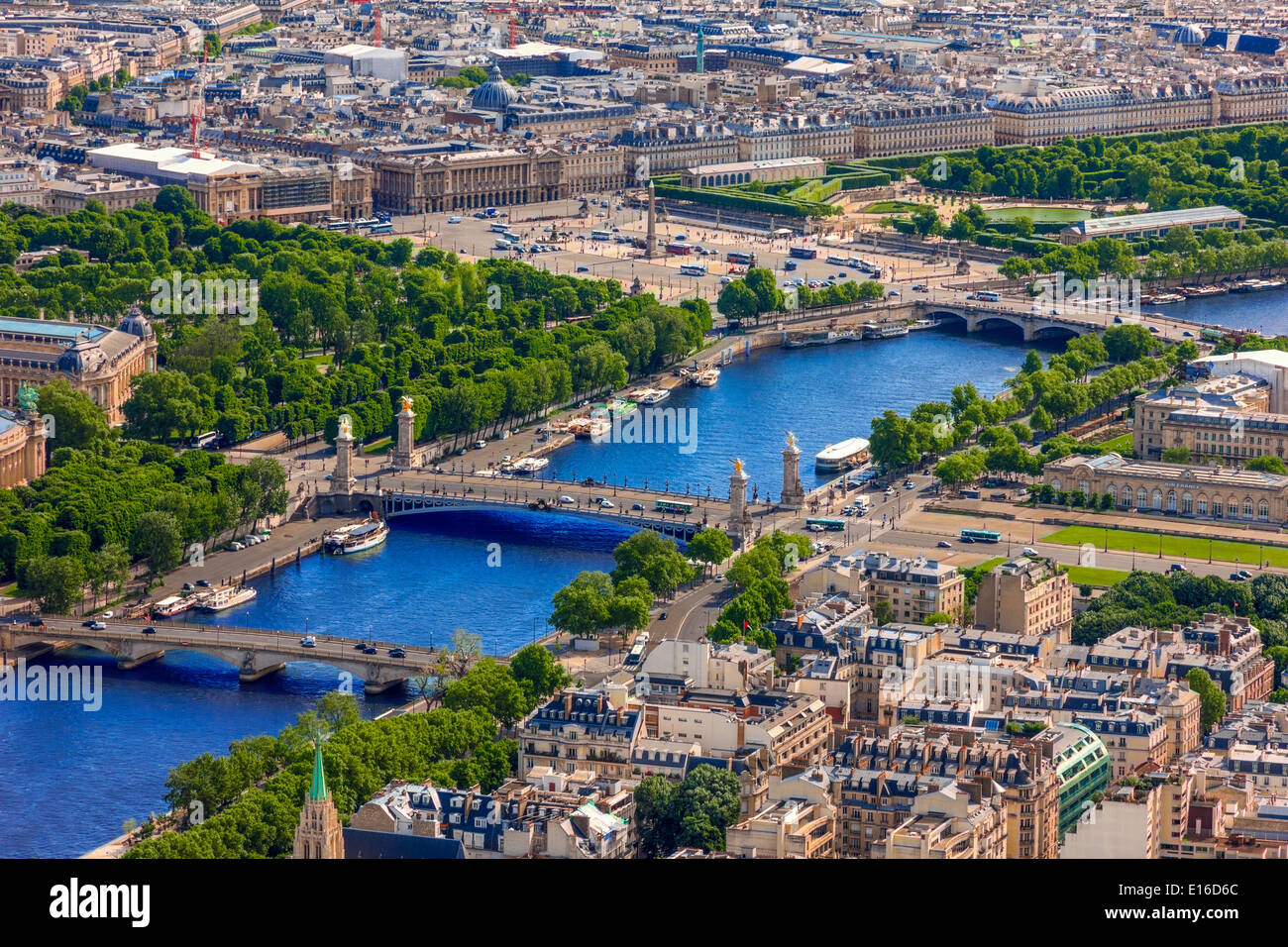 View of Paris, Pont Alexandre III, Luxor Obelisk and Place de la Concorde from the Eiffel tower Stock Photo