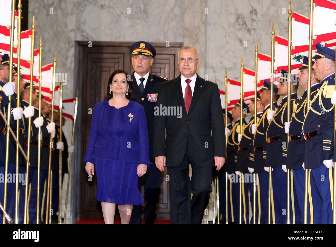 Beirut, Saturday. 24th May, 2014. Lebanese President Michel Suleiman and his wife leave presidential palace in Baabda, Lebanon, on Saturday, May 24, 2014. Outgoing Lebanese President Michel Suleiman stressed Saturday that the 'Baabda Declaration was praised by the international community as it is the only way to dissociate Lebanon from the neighboring conflicts.' © Dalatinohra/Xinhua/Alamy Live News Stock Photo