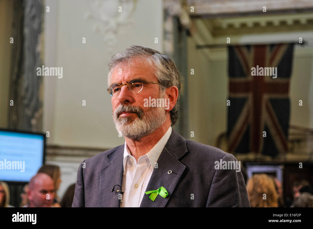 Belfast, Northern Ireland. 24 May 2014 - Sinn Fein President, Gerry Adams (TD for Louth), is interviewed by UTV at Belfast City Hall during the count of the Local Government vote for Belfast City Council. Credit:  Stephen Barnes/Alamy Live News Stock Photo
