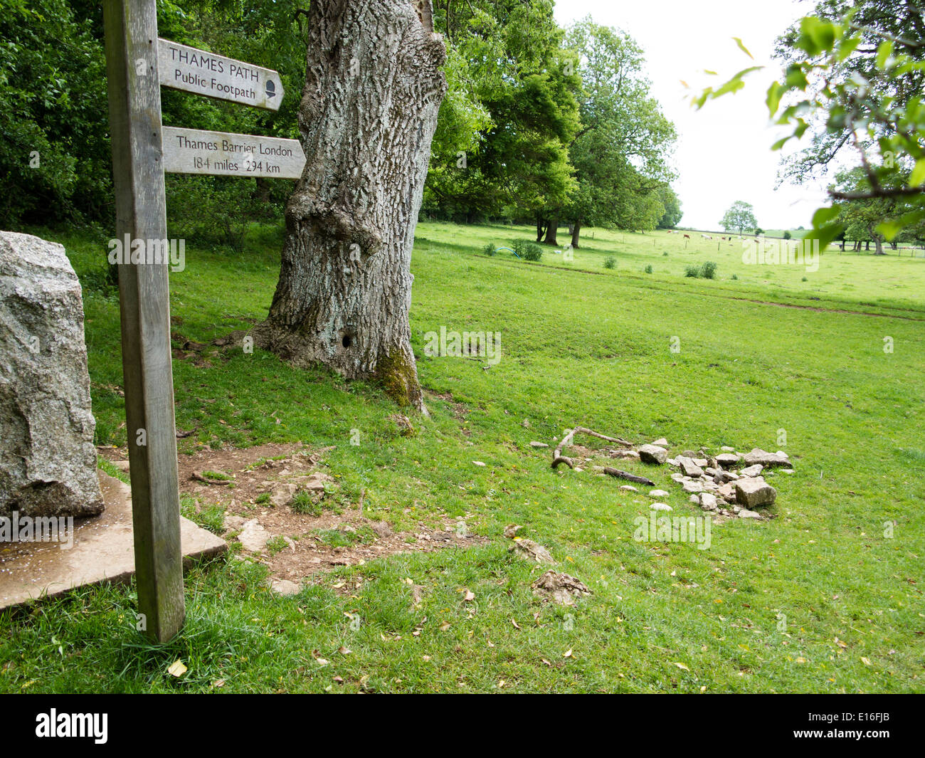 A signpost at the source of the River Thames in Kemble, Gloucestershire