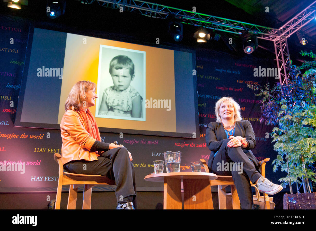 Hay-on-Wye, Powys, UK. 24th May 2014. Jennifer Saunders (R), English comedian, screenwriter and actress, talks to Francine Stock at the Hay Festival. The Hay Festival of Literature and Arts celebrates its 27th year in Wales. Credit:  Graham M. Lawrence/Alamy Live News. Stock Photo